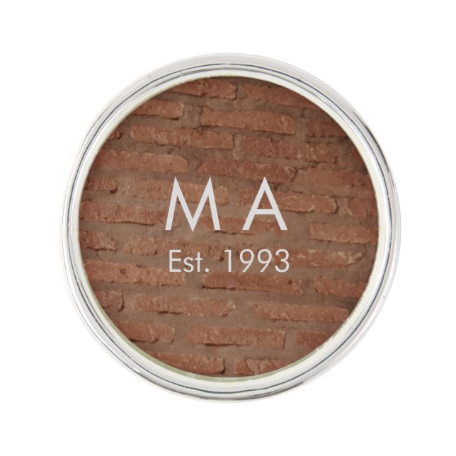 Brown rustic brick stone add name letter year date lapel pin (Front)
