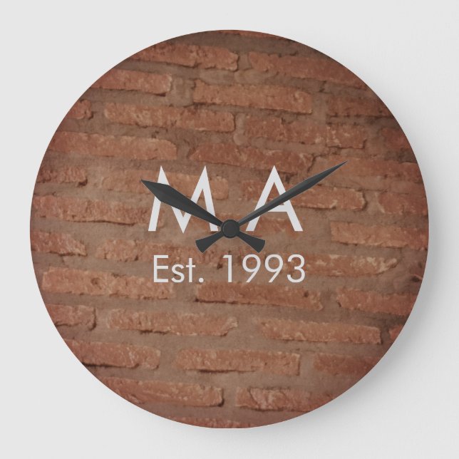 Brown rustic brick stone add name letter year date large clock (Front)