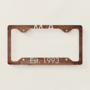 Brown rustic brick stone add name letter year date license plate frame