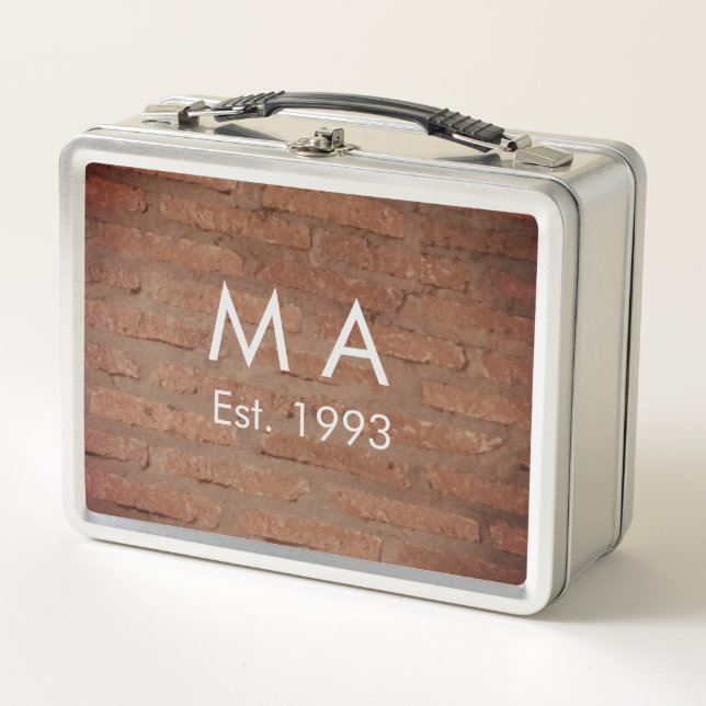 Brown rustic brick stone add name letter year date metal lunch box (Front)