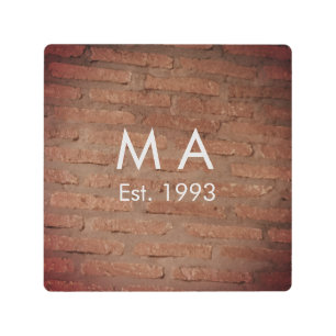 Brown rustic brick stone add name letter year date metal print