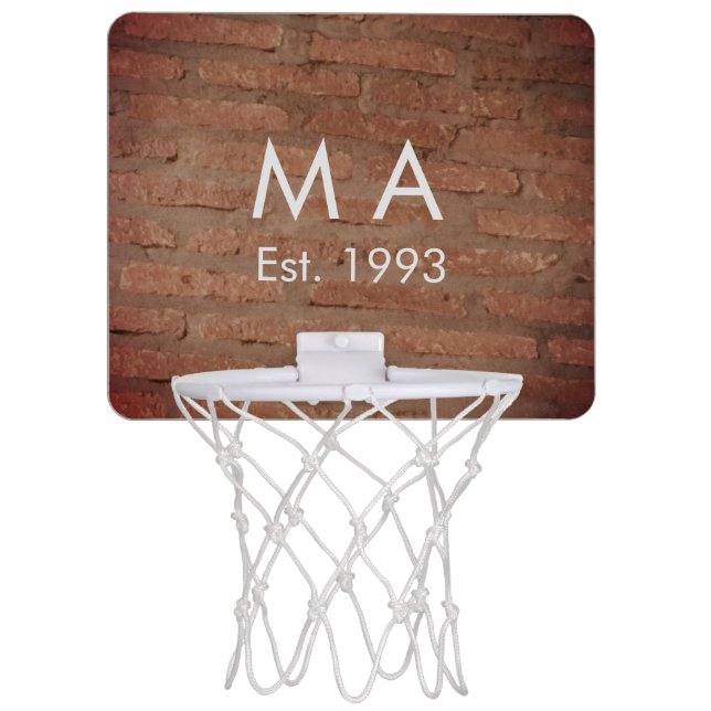 Brown rustic brick stone add name letter year date mini basketball hoop (Front)