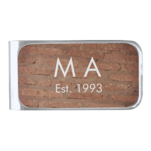 Brown rustic brick stone add name letter year date silver finish money clip