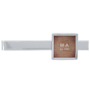Brown rustic brick stone add name letter year date silver finish tie bar