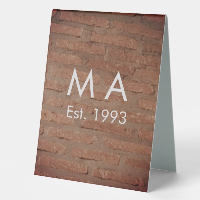 Brown rustic brick stone add name letter year date table tent (Front)