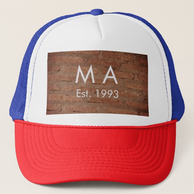 Brown rustic brick stone add name letter year date trucker hat (Front)