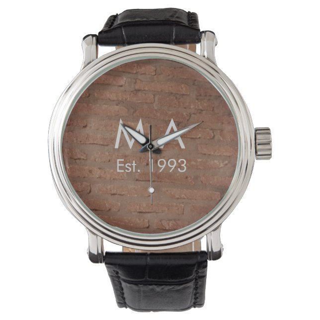 Brown rustic brick stone add name letter year date watch (Front)