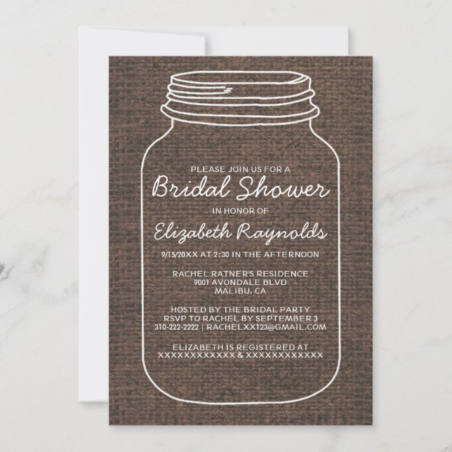 Brown Rustic Burlap Mason Jar Bridal Shower Invite (Front)