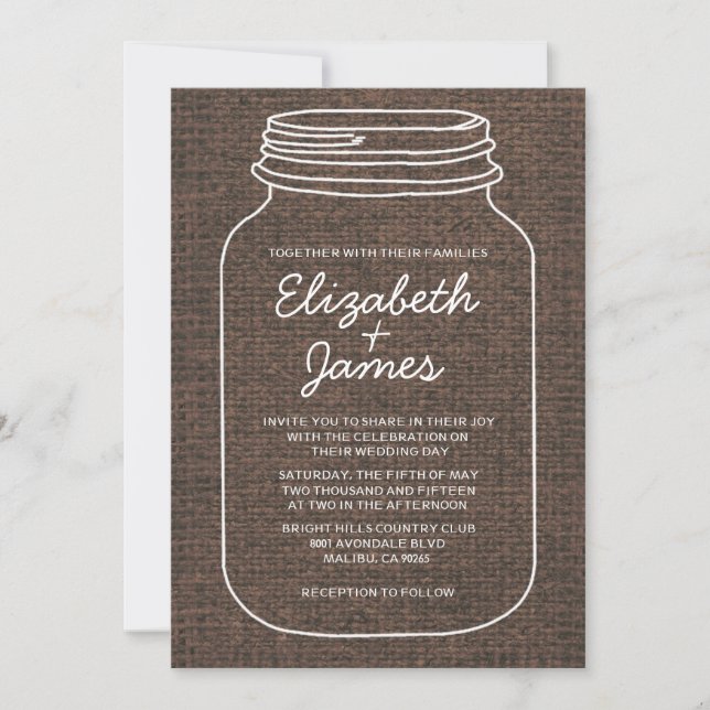 Brown Rustic Burlap Mason Jar Wedding Invitations (Front)