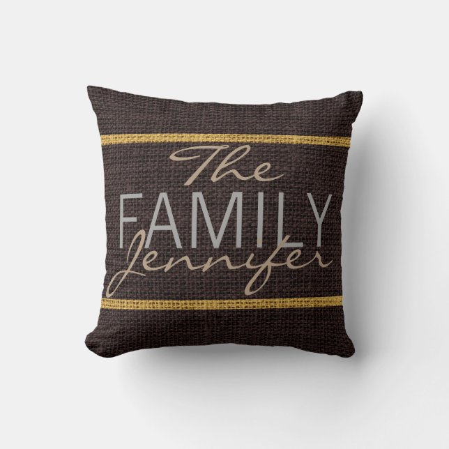 Brown Rustic Burlap Monogram Throw Pillow (Front)
