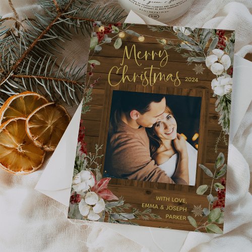 Brown Rustic Christmas  Winter Floral and Photo Holiday Card