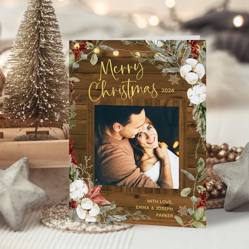 Brown Rustic Christmas  Winter Floral and Photo Holiday Card