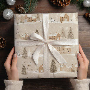 Brown Rustic Christmas Winter Village Wrapping Paper