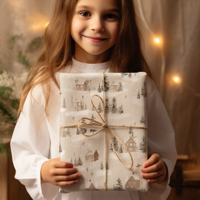 Brown Rustic  Christmas Winter Village  Wrapping Paper (Creator Uploaded)