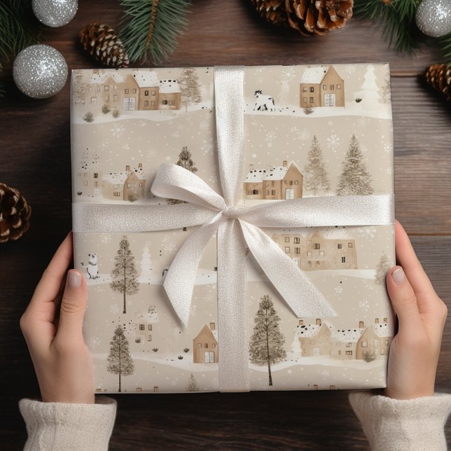 Brown Rustic  Christmas Winter Village  Wrapping Paper (Creator Uploaded)