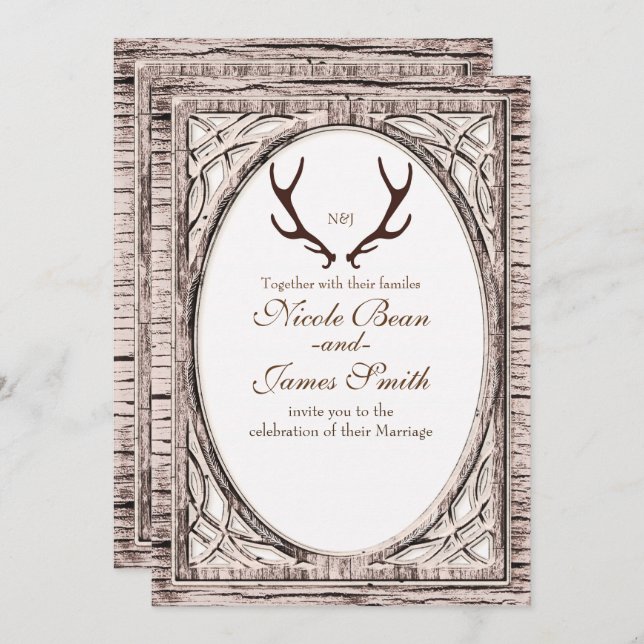 Brown Rustic Deer Antlers White Wood Invitation (Front/Back)