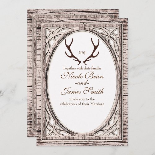 Brown Rustic Deer Antlers White Wood Invitation