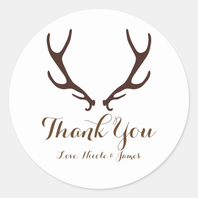 Brown Rustic Deer Antlers Woodsy Wedding Favor Classic Round Sticker (Front)