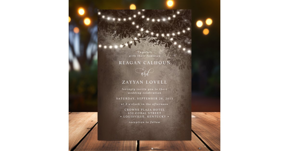 Brown Rustic Dreamy Tree String Lights Wedding Invitation | Zazzle