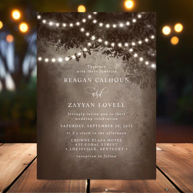 Brown Rustic Dreamy Tree String Lights Wedding Invitation | Zazzle