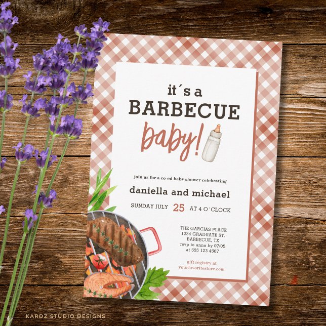 Brown Rustic Grill Barbecue Baby Shower Invitation (The front and back of the invitation are shown at a 5x7 inch. Choose size, paper, + corner style.)
