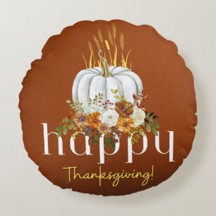 Brown Rustic Happy Thanksgiving Floral Pumpkin Round Pillow