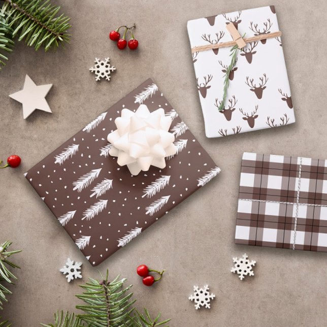 Brown Rustic Holiday Patterns Woods Trees Plaid Wrapping Paper Sheets (Creator Uploaded)