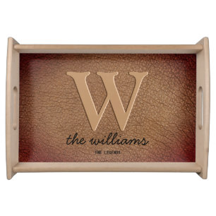 Brown Rustic Leather Monogram Black Script Name Serving Tray