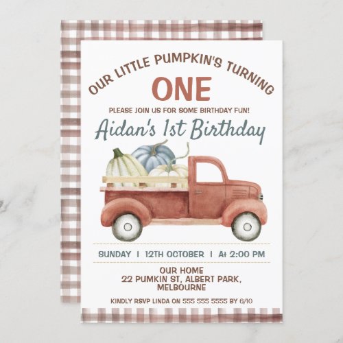 Brown Rustic Little Pumpkin Truck 1st Birthday Invitation