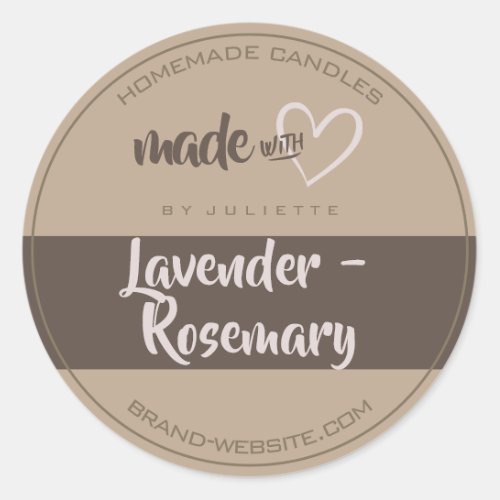 Brown Rustic Made with Love Heart Candle Packaging Classic Round Sticker