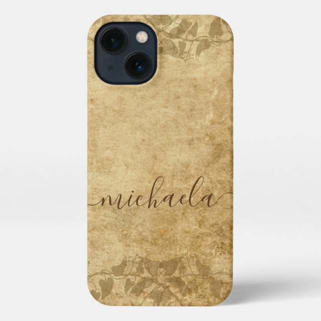 Brown rustic paper parchment vines Monogram iPhone Case (Back)