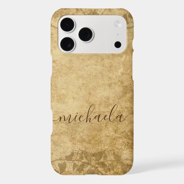 Brown rustic paper parchment vines Monogram iPhone Case (Back)