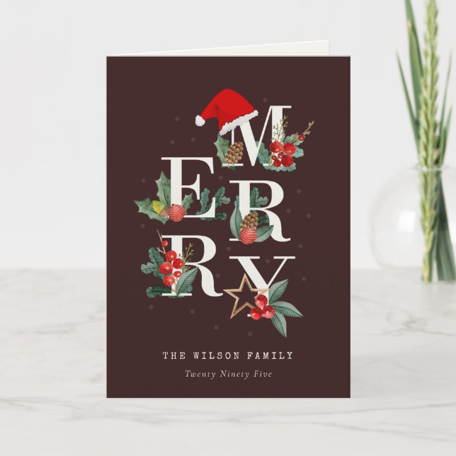 Brown Rustic Red Green Merry Christmas Foliage Holiday Card (Front)