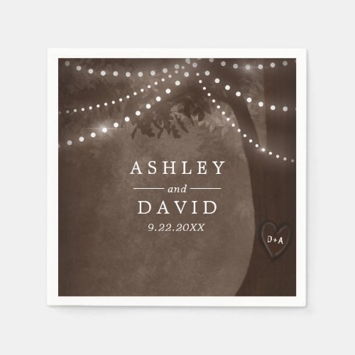 Wedding Tableware 9 Brown Rustic Tree Initials String Lights Wedding Napkins