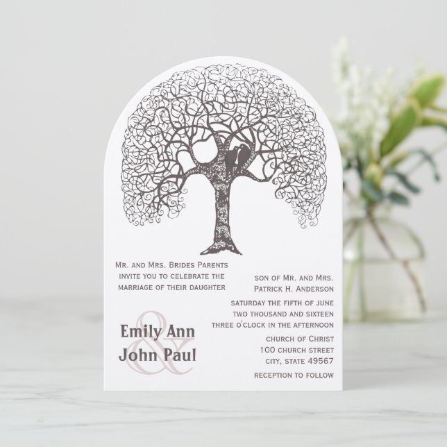 Brown Rustic Tree Love Bird Woodland Wedding Invitation (Standing Front)
