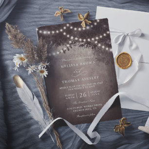 Brown Rustic Tree String Lights QR Code Wedding Invitation