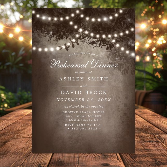 Brown Rustic Tree String Lights Rehearsal Dinner Invitation (Creator Uploaded)