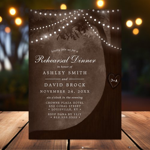 Brown Rustic Tree String Lights Rehearsal Invitation