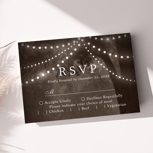 Brown Rustic Tree String Lights Wedding RSVP