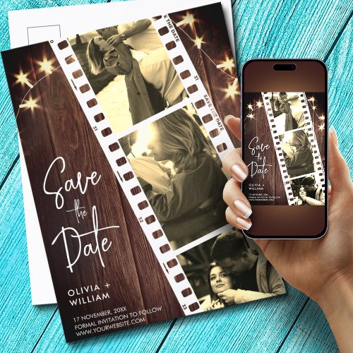 Brown rustic trendy photo booth save the date announcement postcard