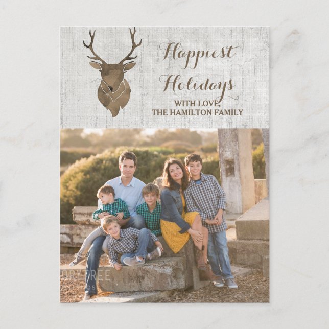 Brown Rustic Watercolor Deer Holiday Photo (Front)