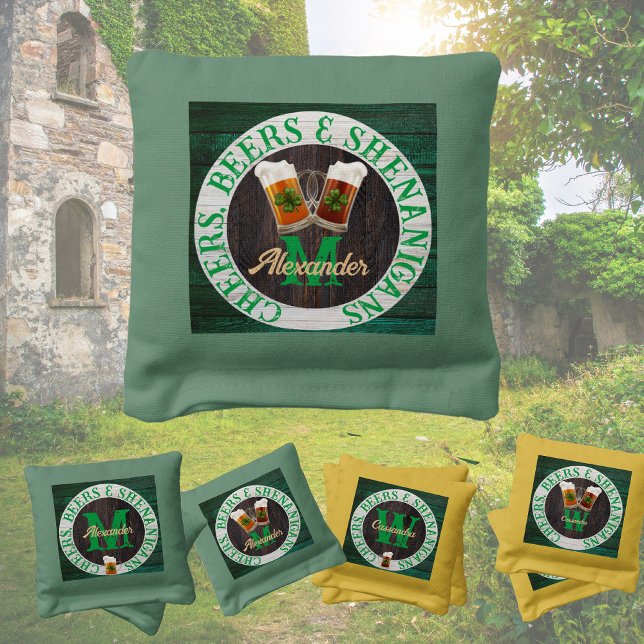 Brown Rustic Wood Cheers Beers Shenanigans   Cornhole Bags (Creator Uploaded)