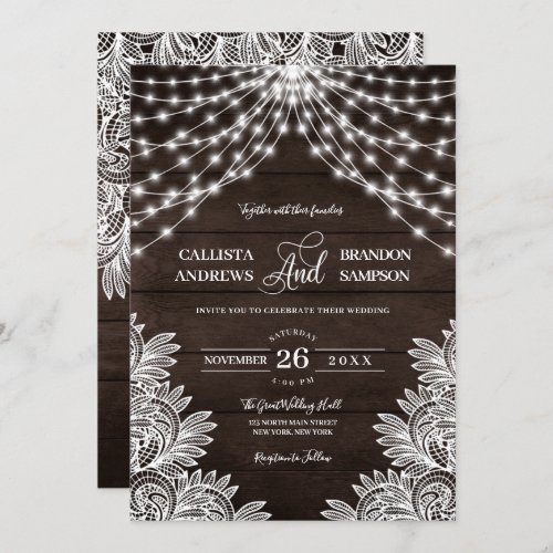 Brown Rustic Wood Lace Lights Country Wedding Invitation
