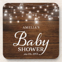 Brown Rustic Wood Mason Jars Lights Baby Shower Coaster
