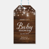 Brown Rustic Wood Mason Jars Lights Baby Shower Gift Tags