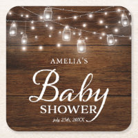 Brown Rustic Wood Mason Jars Lights Baby Shower Square Paper Coaster