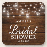 Brown Rustic Wood Mason Jars Lights Bridal Shower Beverage Coaster
