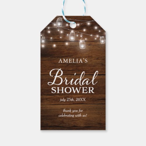 Brown Rustic Wood Mason Jars Lights Bridal Shower Gift Tags