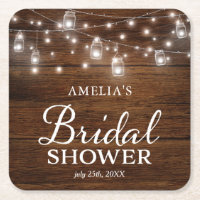 Brown Rustic Wood Mason Jars Lights Bridal Shower Square Paper Coaster