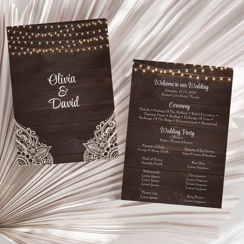 Brown Rustic Wood String Light Wedding Program